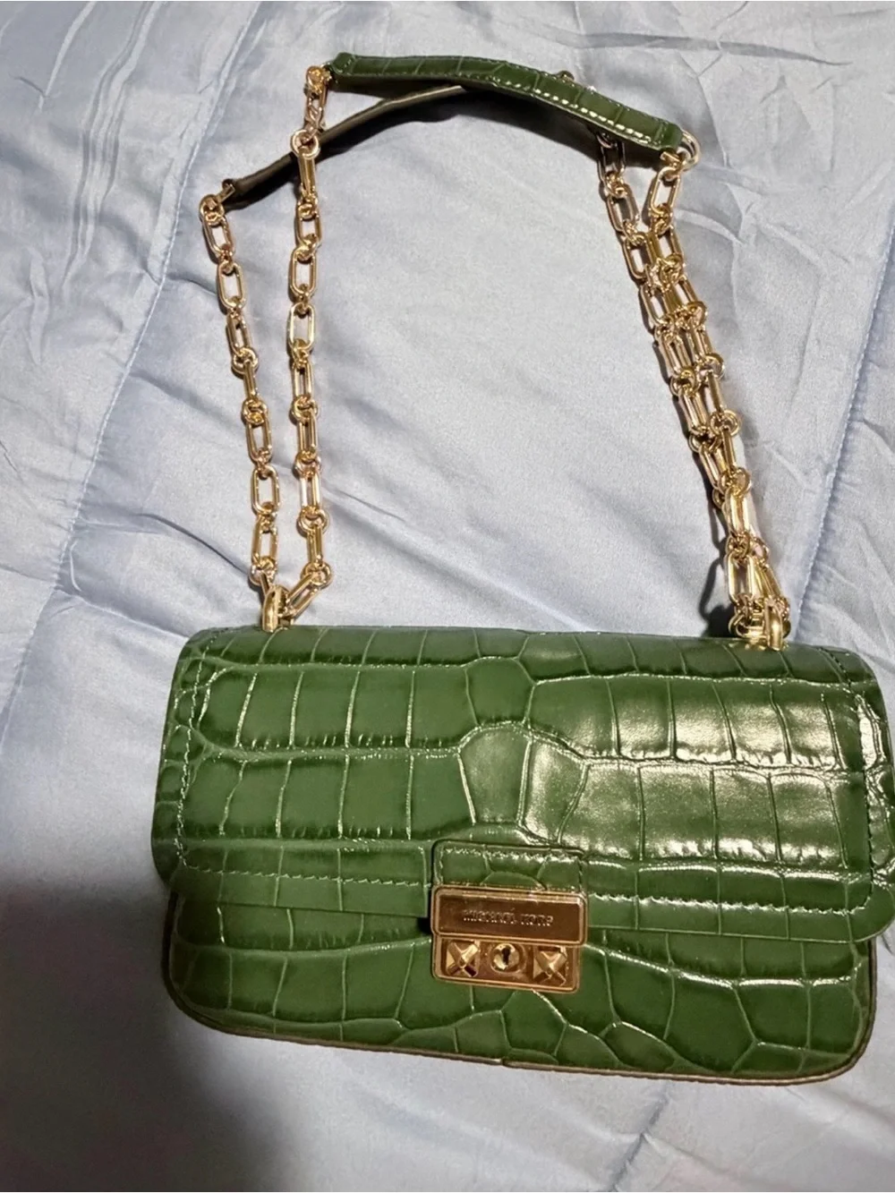 New Michael Kors Green Croc-Embossed Small Crossbody with Gold Chain